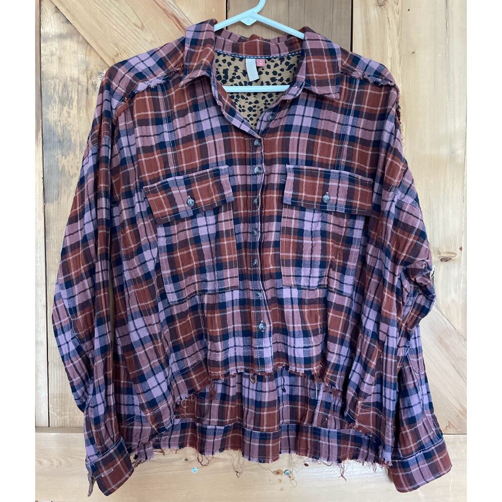 Pilcro Anthropologie Plaid Button Up Shirt Sz M High Low Frayed Hem Cropped Boxy - Picture 3 of 7